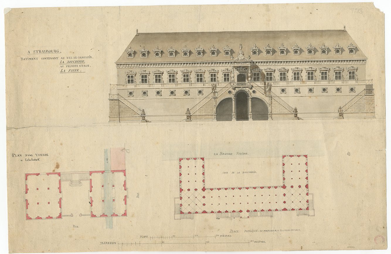 RELEVE D'ARCHITECTURE : FACADE ET PLAN DE LA BOUCHERIE DE STRASBOURG, PLAN DE CELLE DE SELESTAT_0